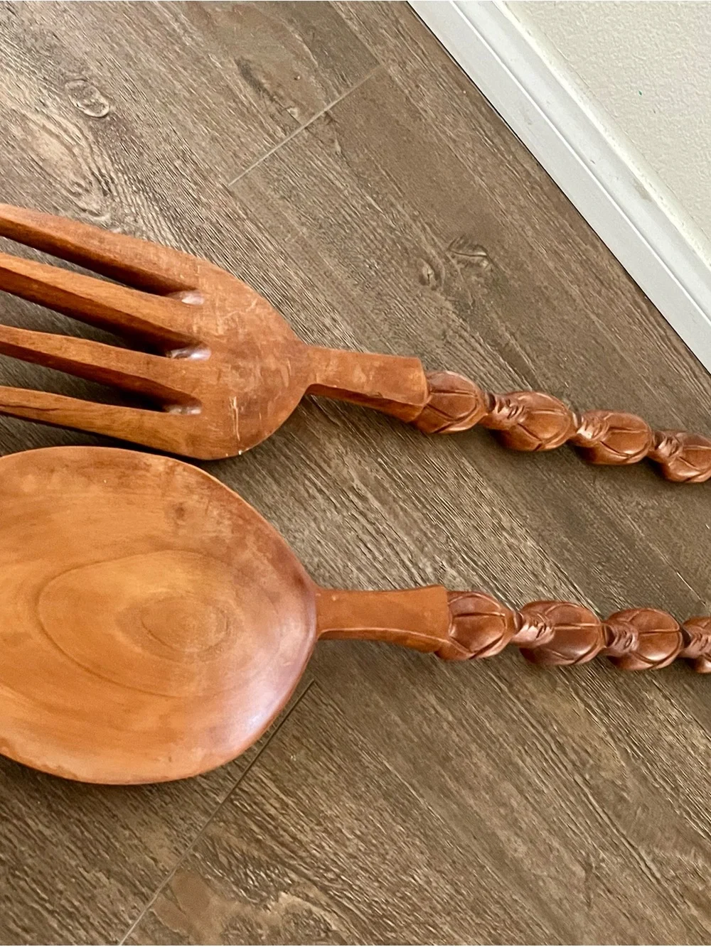 vintage hand carved wooden  Spoon And Fork Handles With Stacked Human Figures 31